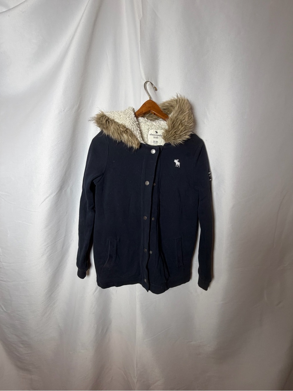 abercrombie kids navy hooded puffer with faux-fur trim